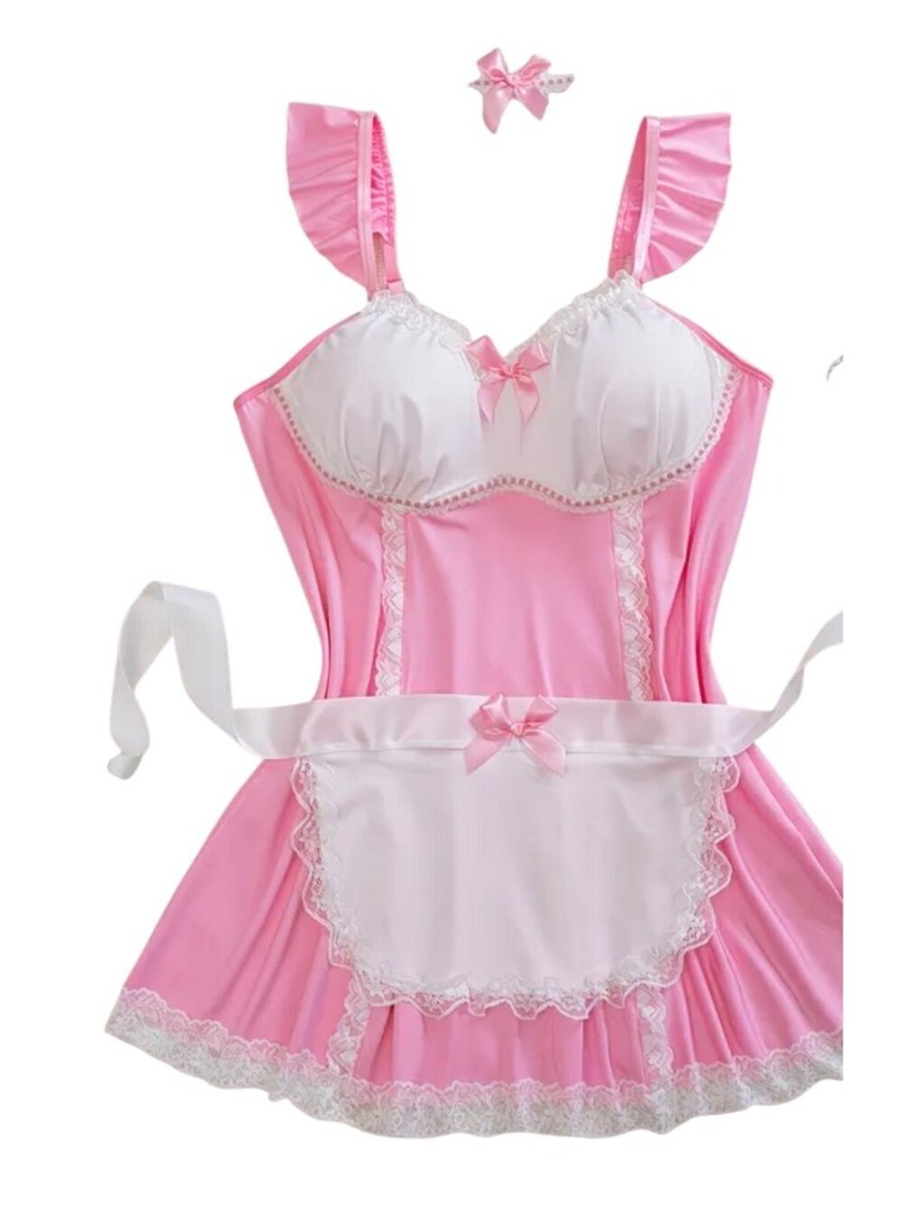 Pink*White Ruffled Maid Costume*Lace*Bow*Apron*Cosplay*Sissy*Femboy*NEW*XL